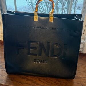 Fendi Black Leather Shopper with Gold Accents